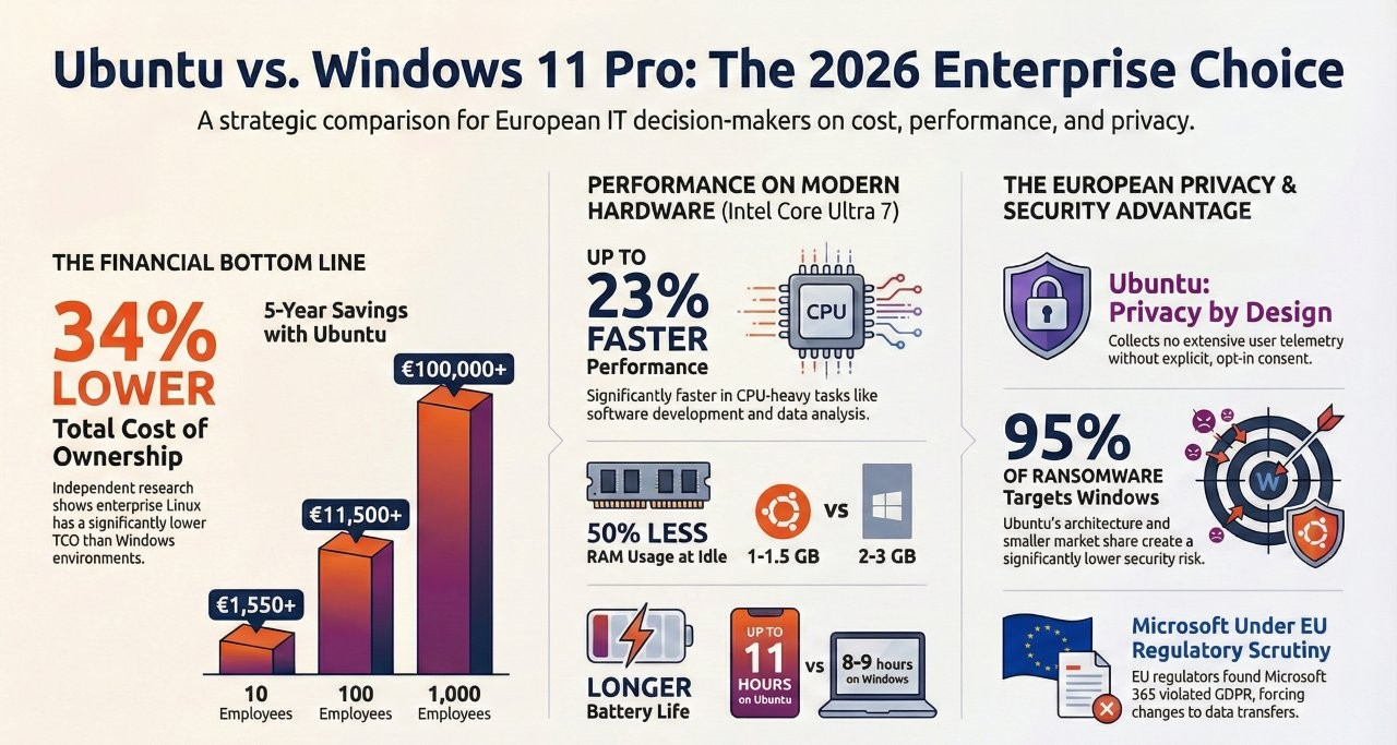 Ubuntu срещу Windows 11 Pro: Бизнес Сравнение 2026 | ОСС, Поверителност и Производителност
