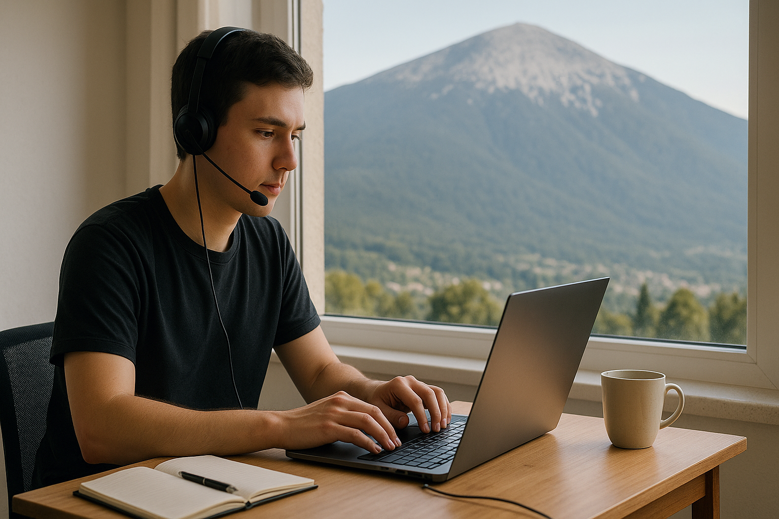 Young grad working remotely selling AI laptops