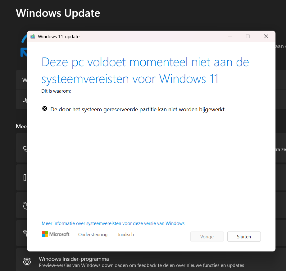 Upgrade van WIndows 10 naar 11. Deze pc voldoet momenteel niet aan de systeemvereisten voor windows 11