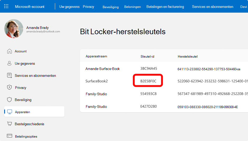 BitLocker-herstelsleutels Microsoft-account